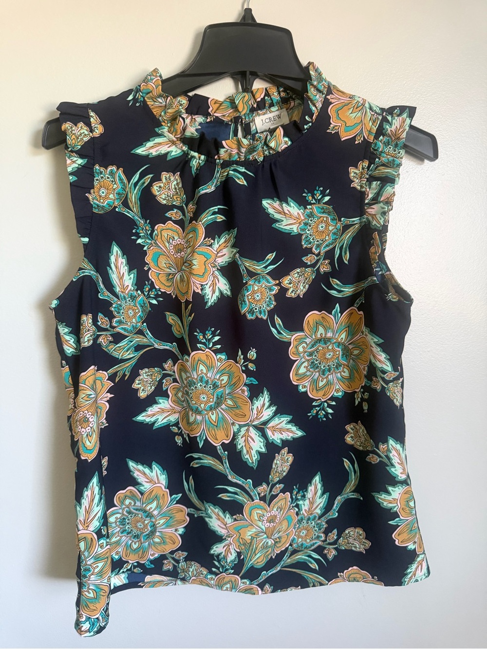 J. Crew Navy Floral Ruffled Sleeveless Blouse size Small